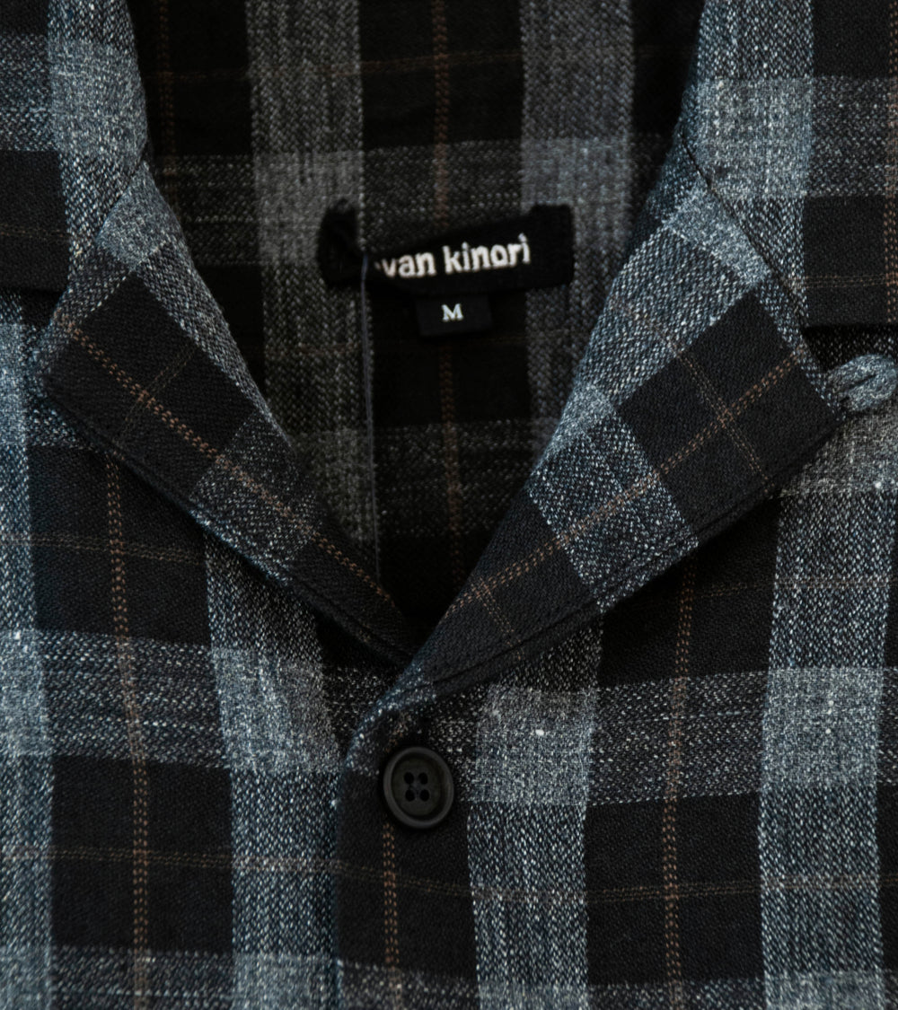 Evan Kinori 'Short Sleeve Shirt' (Charcoal Brown Black Yarn Dye Linen Check)