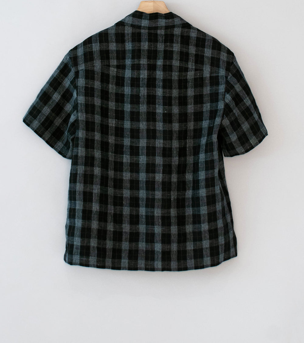 Evan Kinori 'Short Sleeve Shirt' (Charcoal Brown Black Yarn Dye Linen Check)