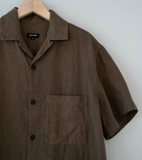 Evan Kinori 'Short Sleeve Shirt' (Dark Olive Sumi Ink Hemp Twill)