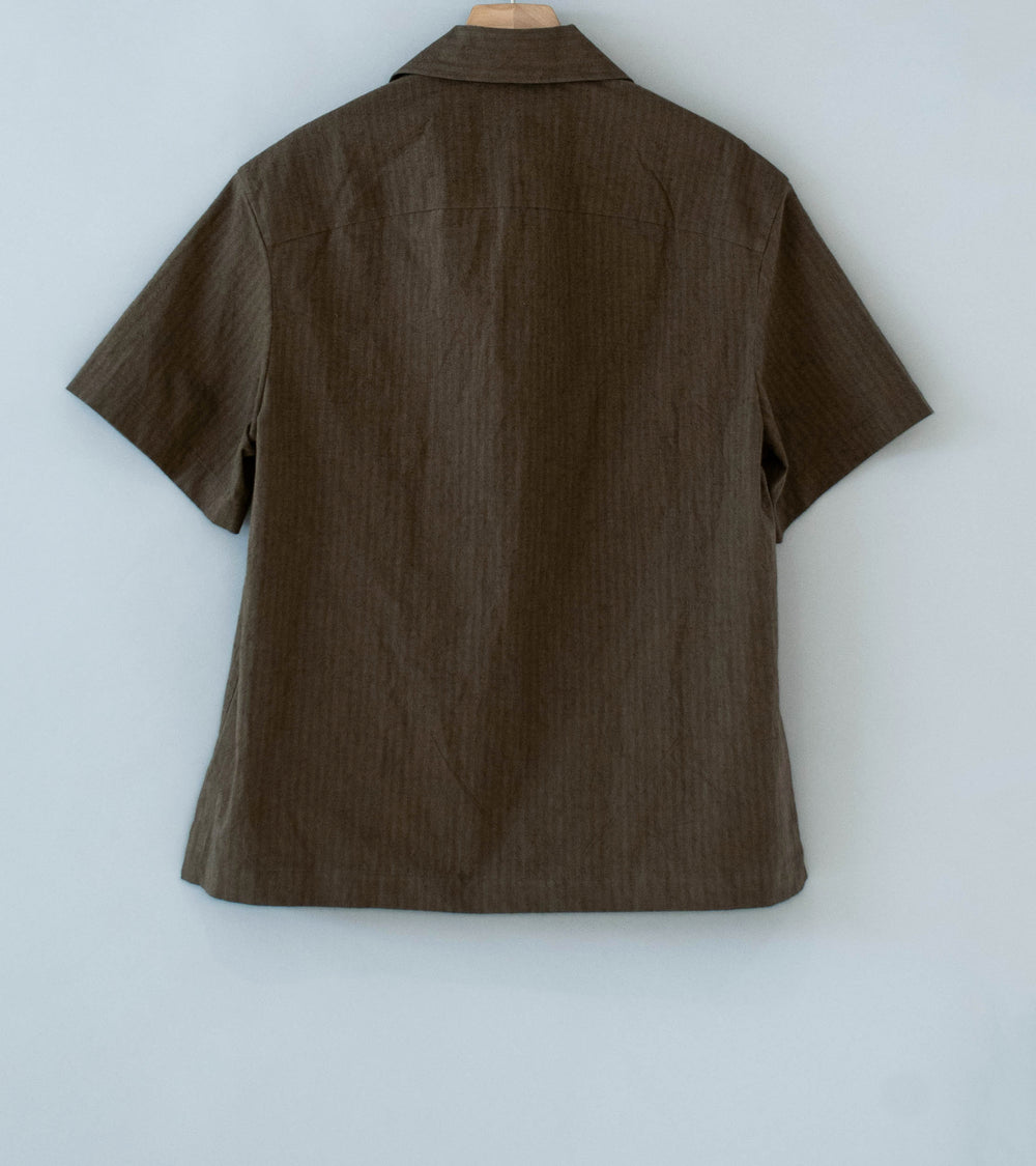 Evan Kinori 'Short Sleeve Shirt' (Charcoal Dark Olive Hemp Cotton Stripe)