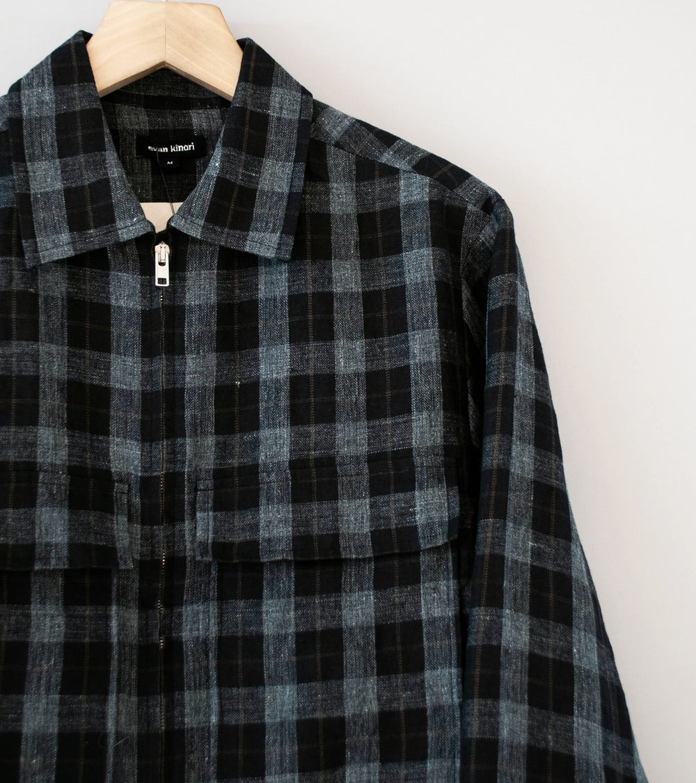 Evan Kinori 'Zip Jacket' (Charcoal Brown Black Yarn Dye Linen Check)