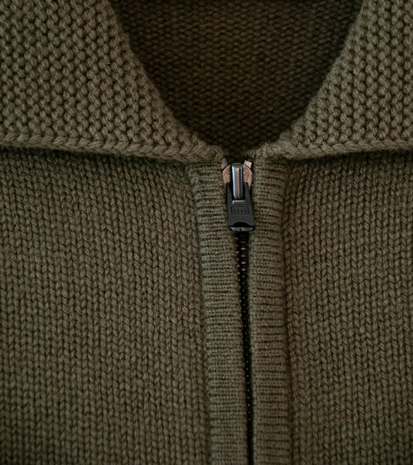 Margaret Howell 'Zip Collar Cardigan' (Khaki Irregular Spun Wool)