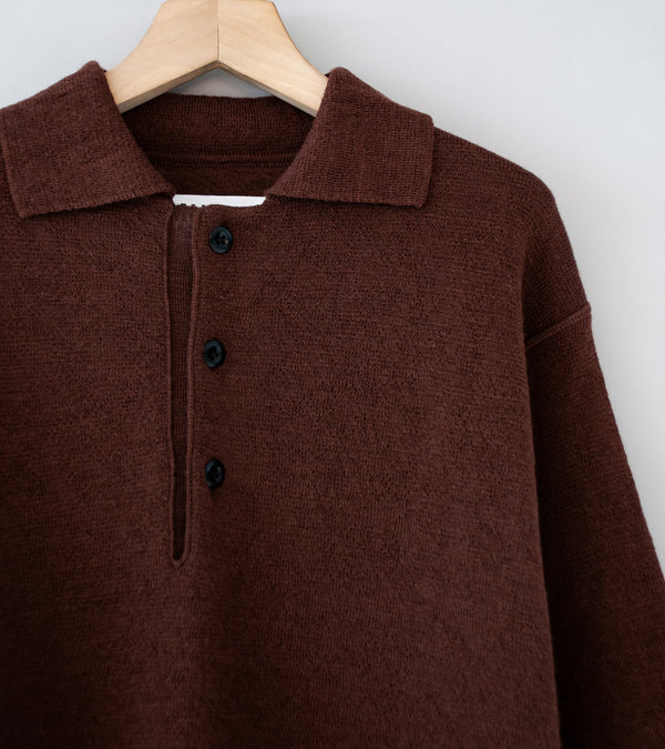 Margaret Howell 'MHL Oversized Knitted Polo' (Dark Brown Dry Wool)