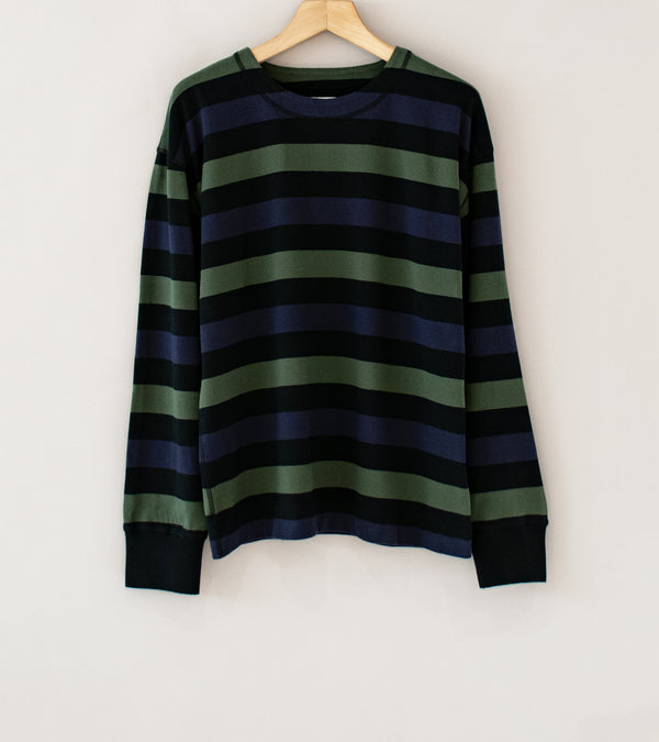 Margaret Howell 'MHL Crew Neck Matelot' (Off Black Indigo Uniform Green Three Color Block Stripe)
