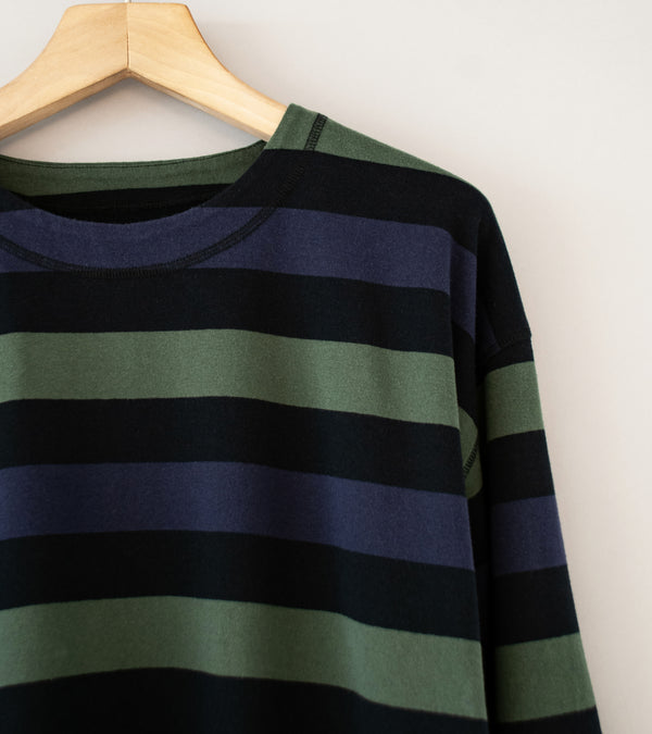 Margaret Howell 'MHL Crew Neck Matelot' (Off Black Indigo Uniform Green Three Color Block Stripe)
