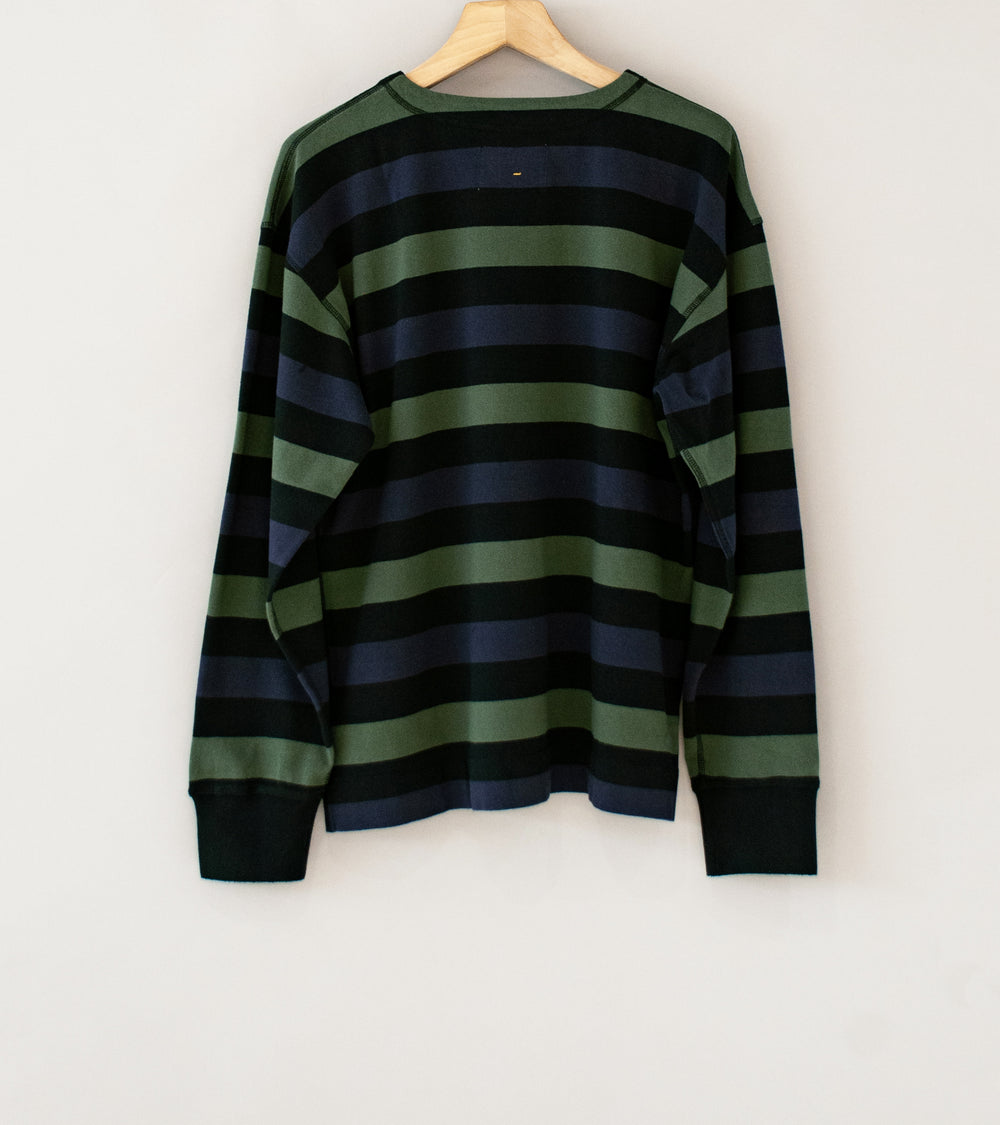 Margaret Howell 'MHL Crew Neck Matelot' (Off Black Indigo Uniform Green Three Color Block Stripe)