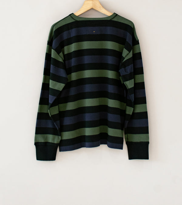 Margaret Howell 'MHL Crew Neck Matelot' (Off Black Indigo Uniform Green Three Color Block Stripe)