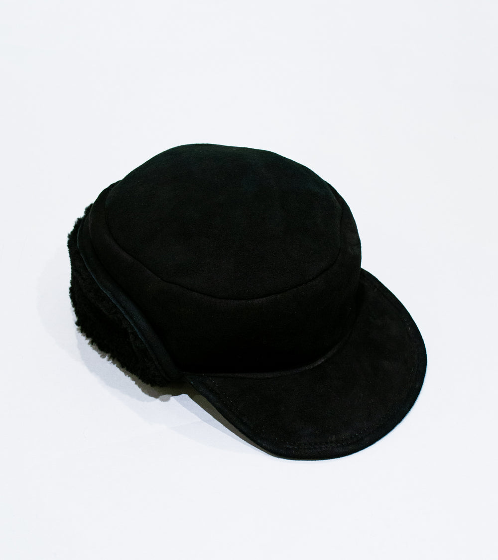 Margaret Howell 'Press Stud Shearling Cap' (Black Curly Merino Shearling)
