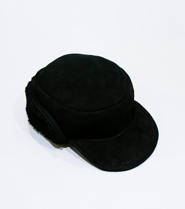 Margaret Howell 'Press Stud Shearling Cap' (Black Curly Merino Shearling)
