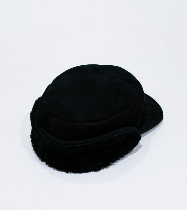 Margaret Howell 'Press Stud Shearling Cap' (Black Curly Merino Shearling)