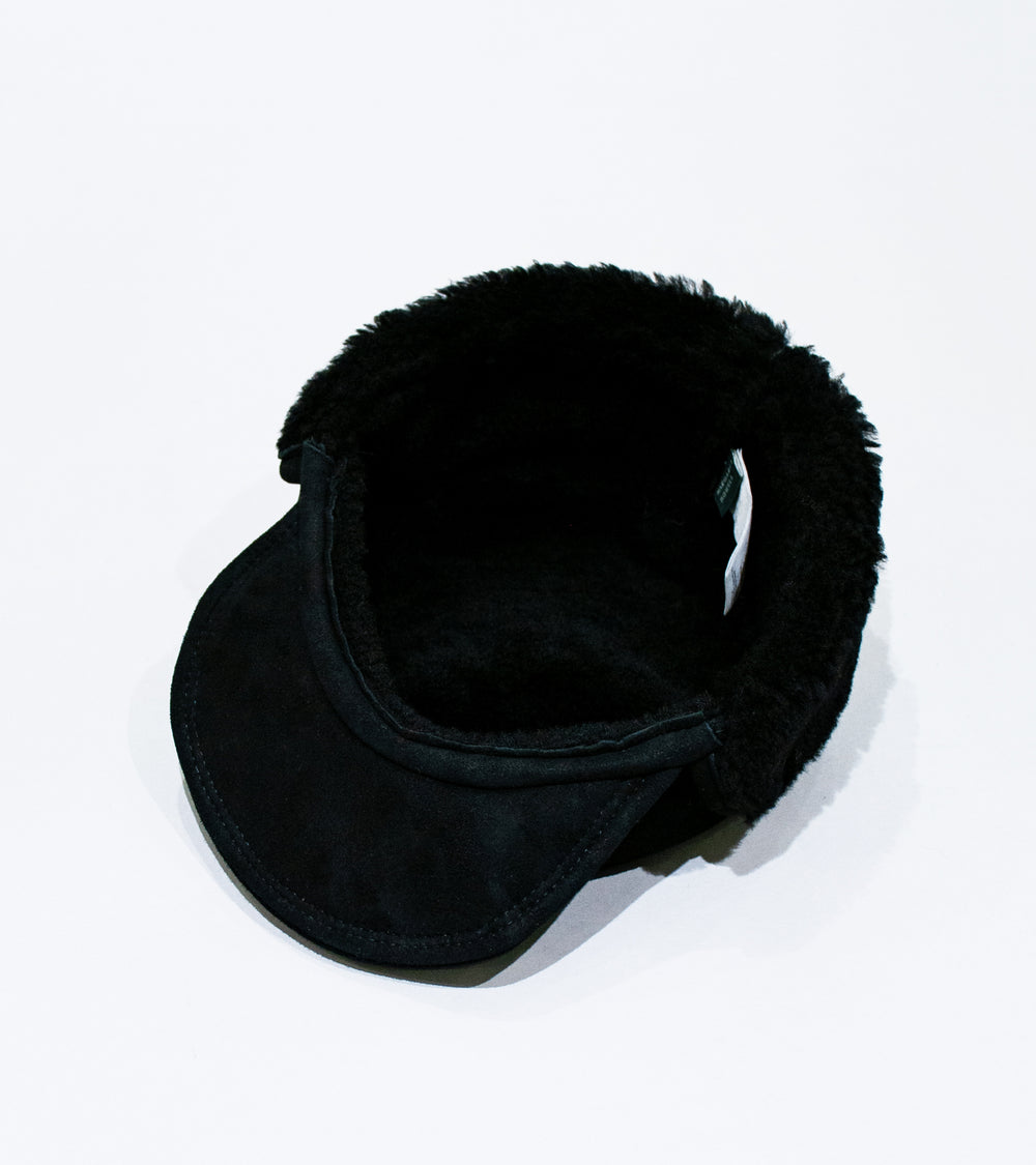 Margaret Howell 'Press Stud Shearling Cap' (Black Curly Merino Shearling)