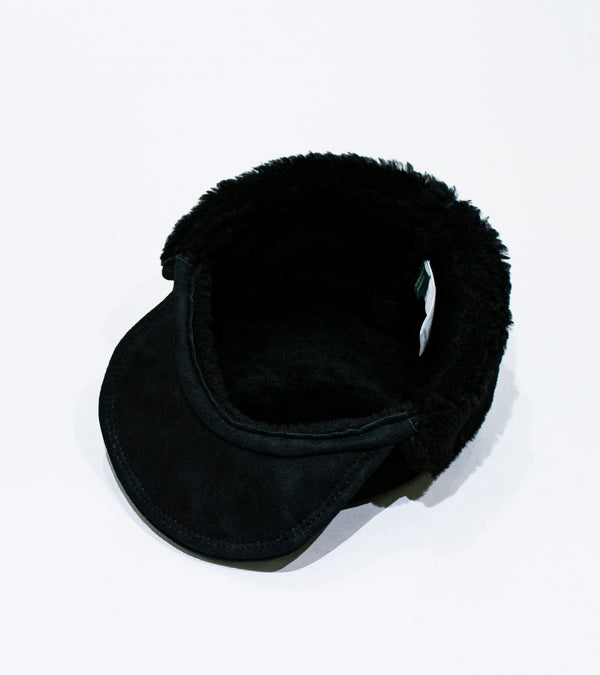 Margaret Howell 'Press Stud Shearling Cap' (Black Curly Merino Shearling)