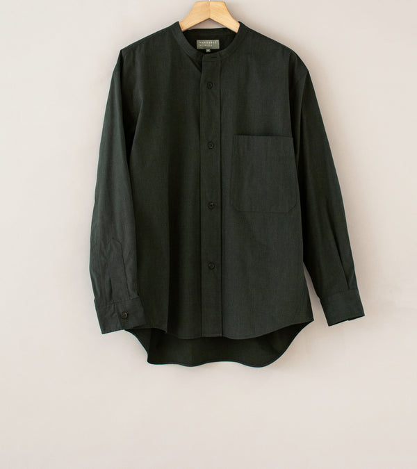 Margaret Howell 'Oversized Collarless Shirt' (Dark Green Dense Cotton End On End)