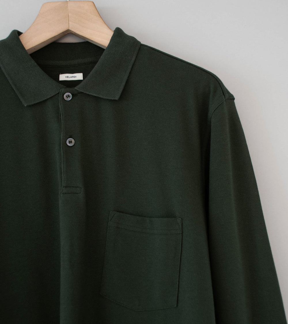 Velardi 'Long Sleeve Pique Pocket Polo' (Dark Green Cotton)